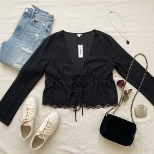 NWT Garage Black Sheer Lace Trim Tie-Front‎ Long Sleeve Blouse - Women’s Size XL